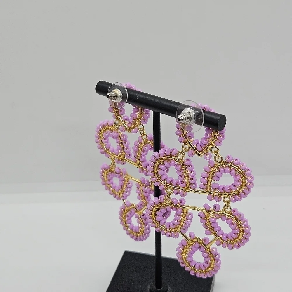 gold tone and lavender seed bead chandelier statement earrings